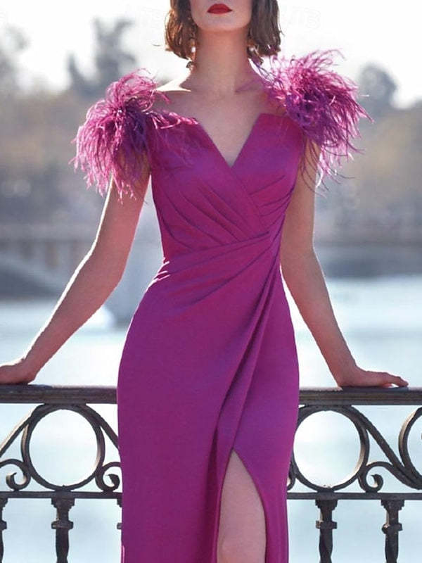 Sleeveless V-Neck Floor-Length Column Dress in Stretch Crepe with Feather
