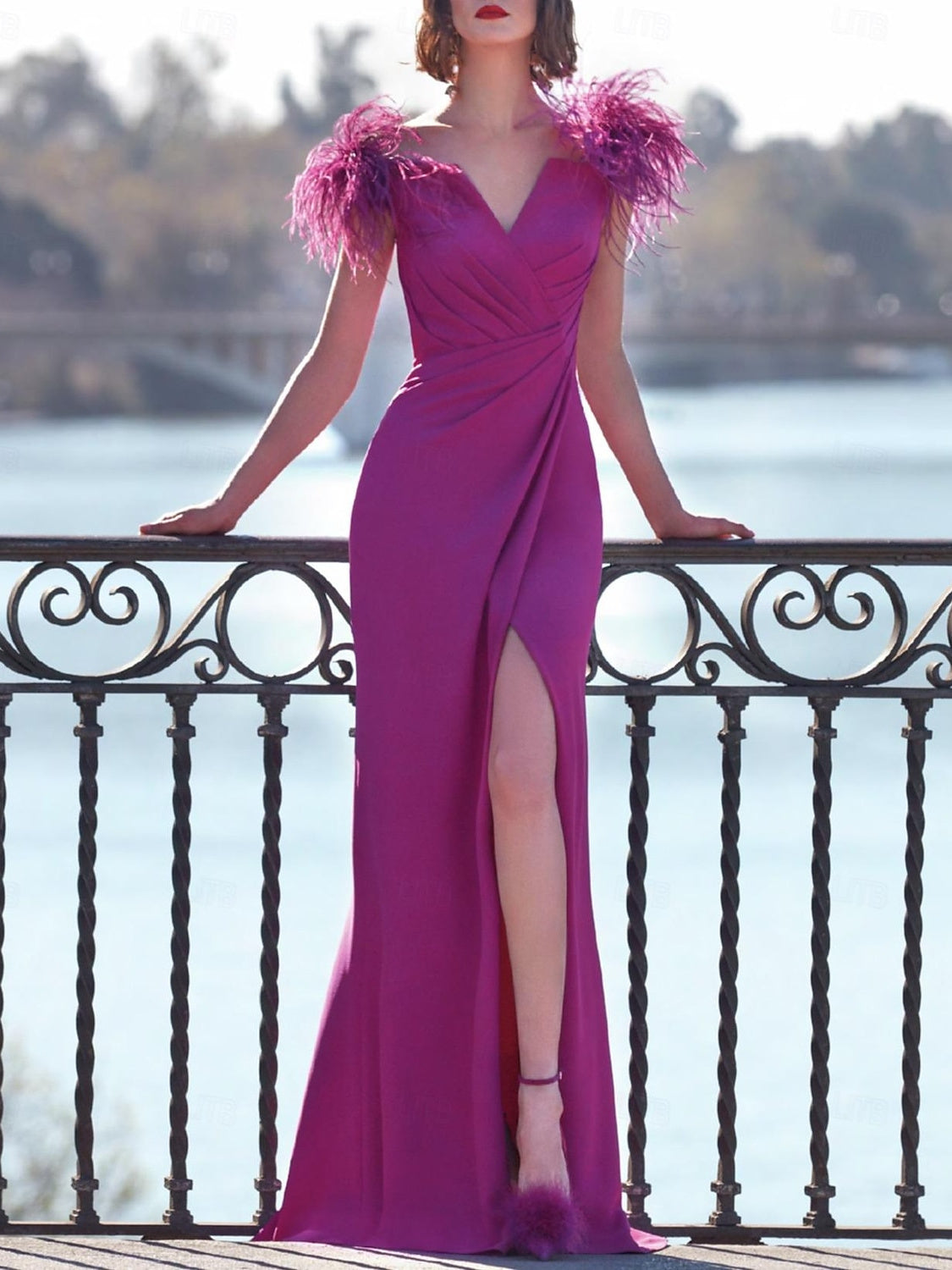 Sleeveless V-Neck Floor-Length Column Dress in Stretch Crepe with Feather