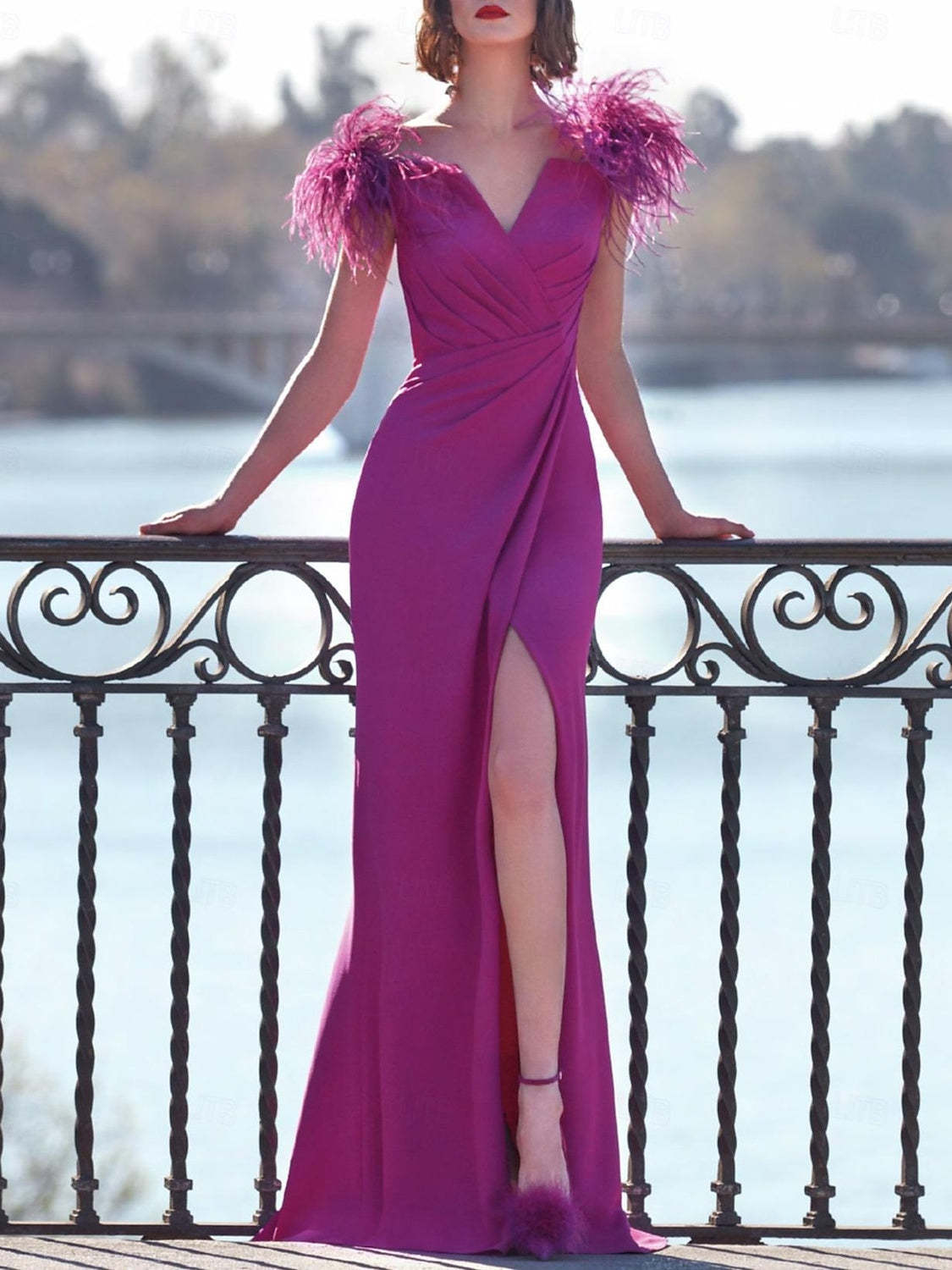 Sleeveless V-Neck Floor-Length Column Dress in Stretch Crepe with Feather