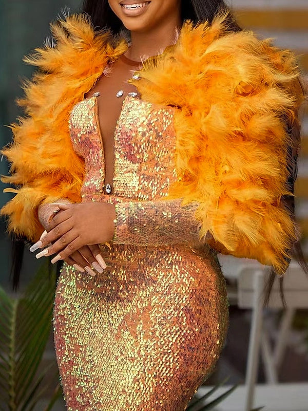 Long Sleeve V Neck Mermaid Prom Dress with Feather Crystals Floor Length and Sequined