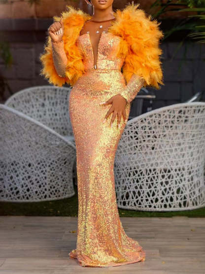 Long Sleeve V Neck Mermaid Prom Dress with Feather Crystals Floor Length and Sequined