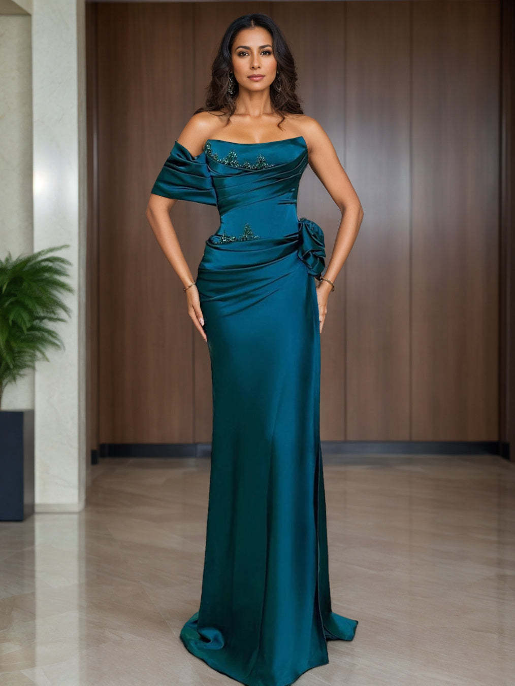Long Sleeve V Neck Chiffon Evening Gown with Ruched Ruffles
