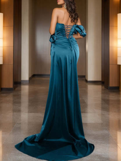 Long Sleeve V Neck Chiffon Evening Gown with Ruched Ruffles