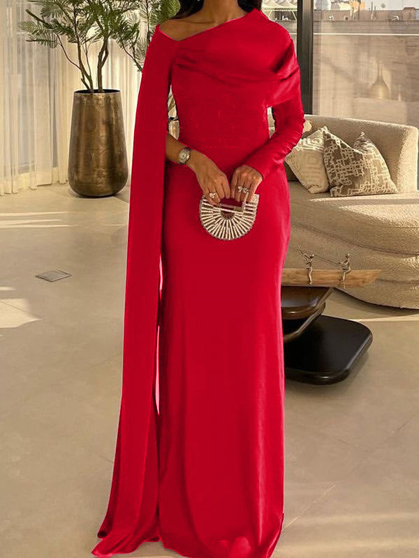 Floor-Length Sleeved Sheath Dress in Silk-Like Satin for Bridal Events