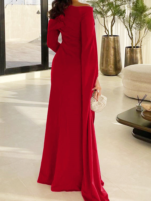Floor-Length Sleeved Sheath Dress in Silk-Like Satin for Bridal Events