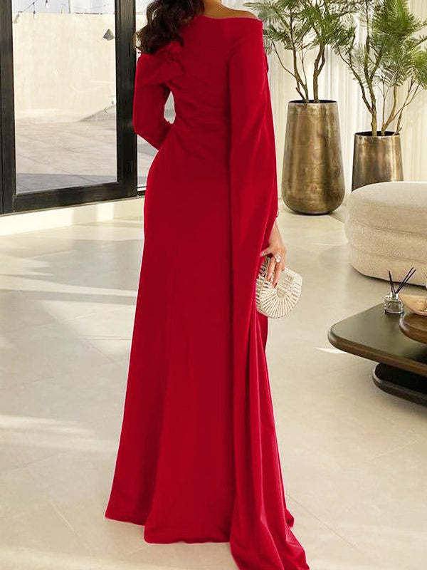 Floor-Length Sleeved Sheath Dress in Silk-Like Satin for Bridal Events