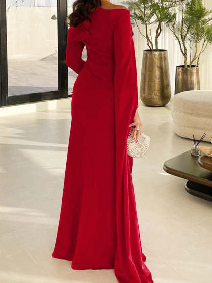 Floor-Length Sleeved Sheath Dress in Silk-Like Satin for Bridal Events
