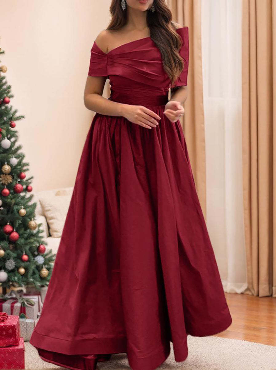 Princess A-Line Off-the-Shoulder Sleeveless Floor-Length Satin Formal Gown