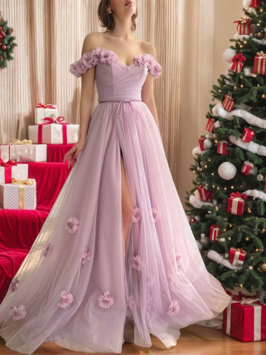 Princess A-Line Floor-Length Sleeveless Off-the-Shoulder Flower Evening Dresses