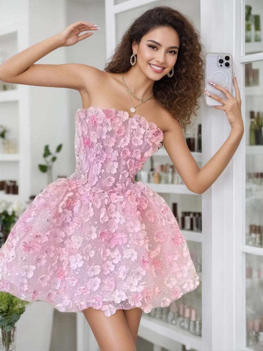 Strapless Sleeveless Mini Cocktail Dress with Embroidery for Party or Homecoming