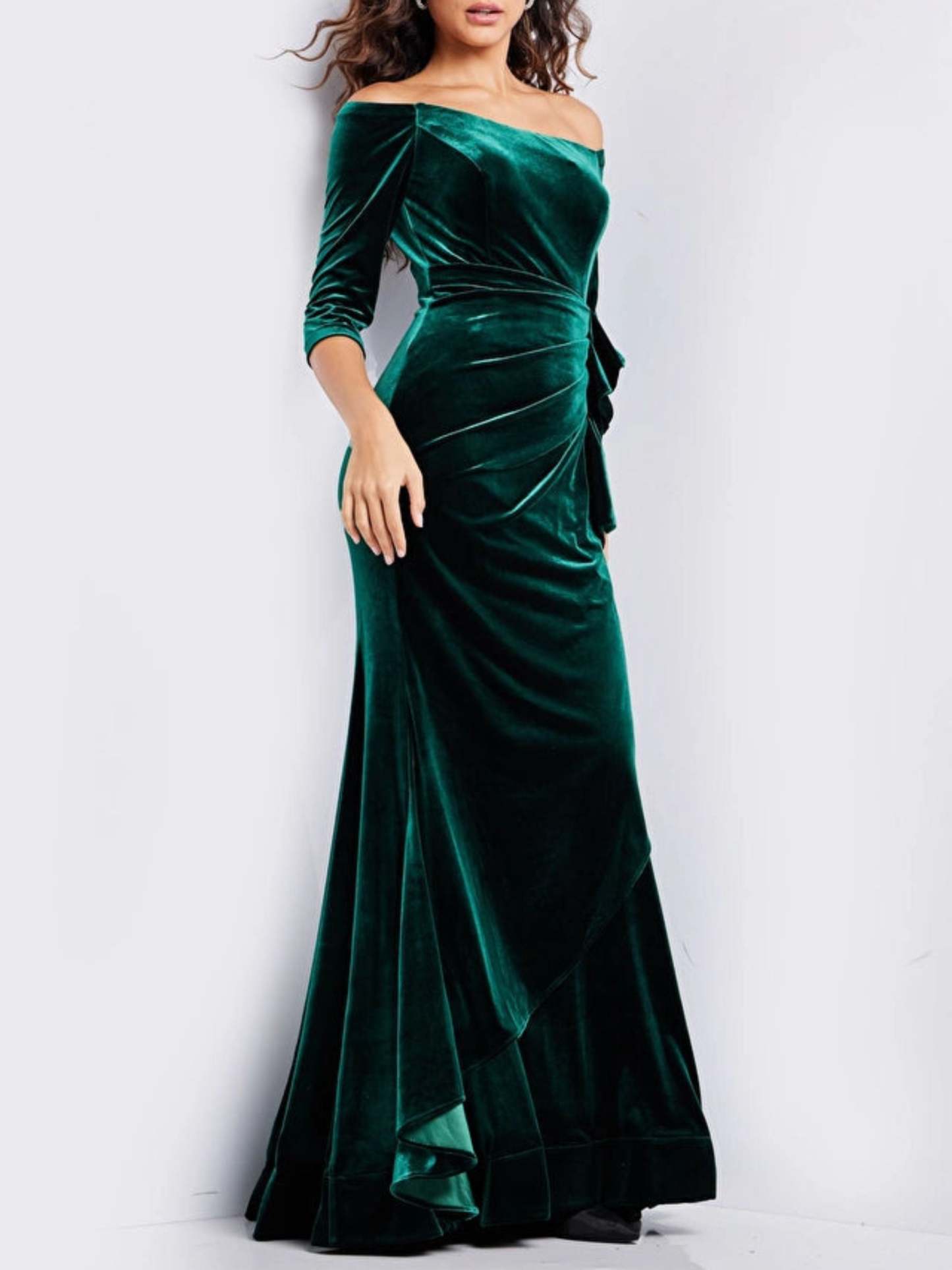Off-the-Shoulder Floor-Length Prom Dress with 3/4 Sleeves and Ruffle Details