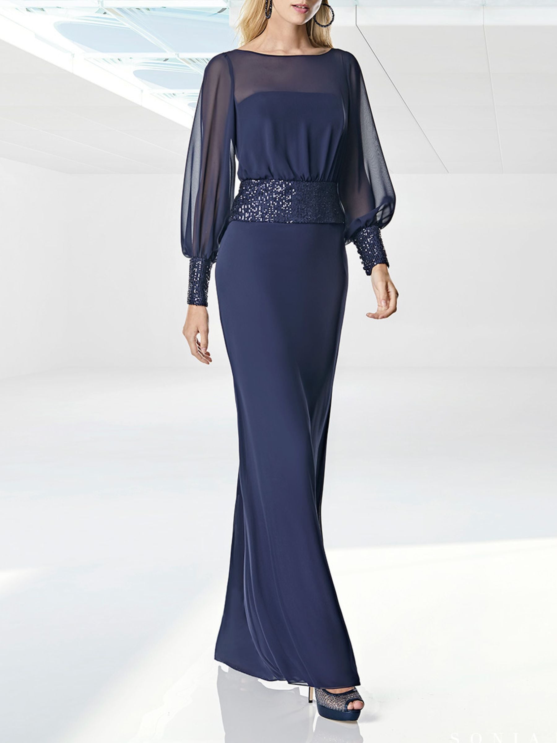 Floor-Length Prom Dress with Sequins Belt Round Neck and Long Sleeves