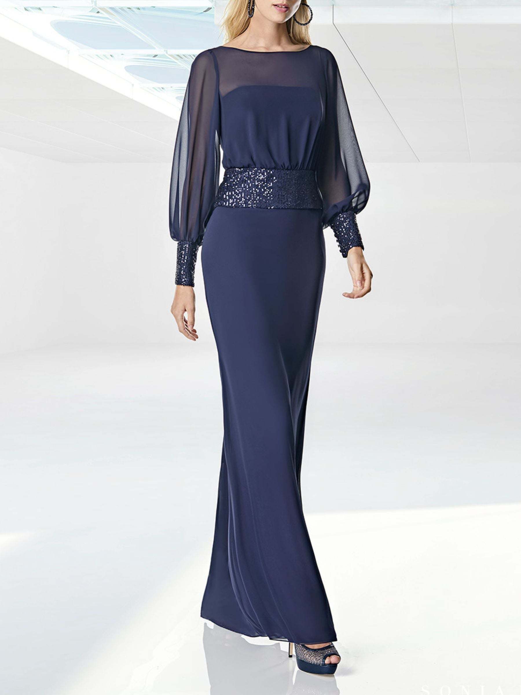Floor-Length Prom Dress with Sequins Belt Round Neck and Long Sleeves