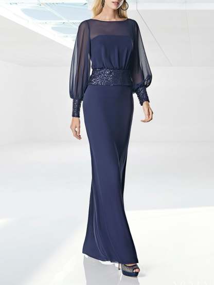 Floor-Length Prom Dress with Sequins Belt Round Neck and Long Sleeves