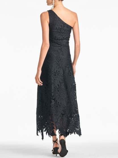 Black Asymmetrical A-Line Princess Prom Dress with One-Shoulder Sleeveless Lace Appliques