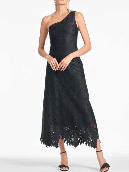 Black Asymmetrical A-Line Princess Prom Dress with One-Shoulder Sleeveless Lace Appliques