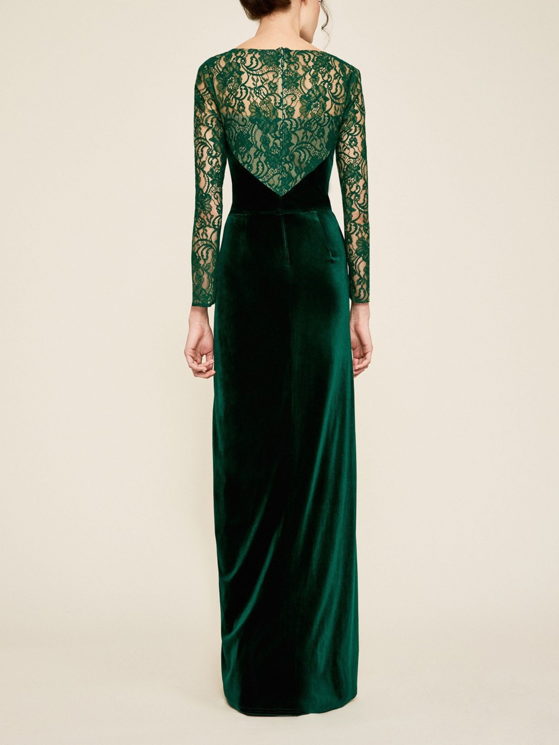 Floor-Length Evening Gown with Lace and Long Sleeves
