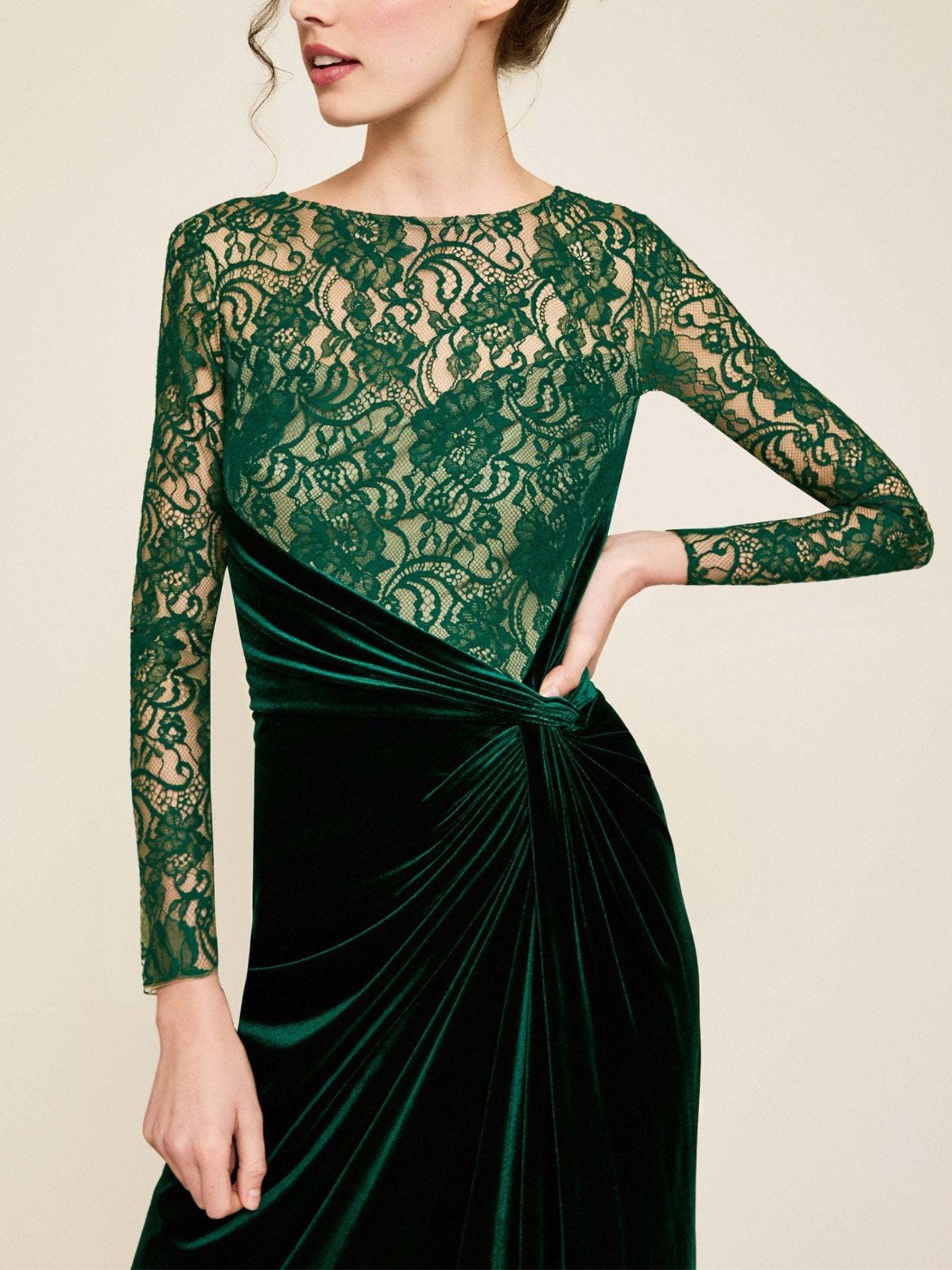 Floor-Length Evening Gown with Lace and Long Sleeves