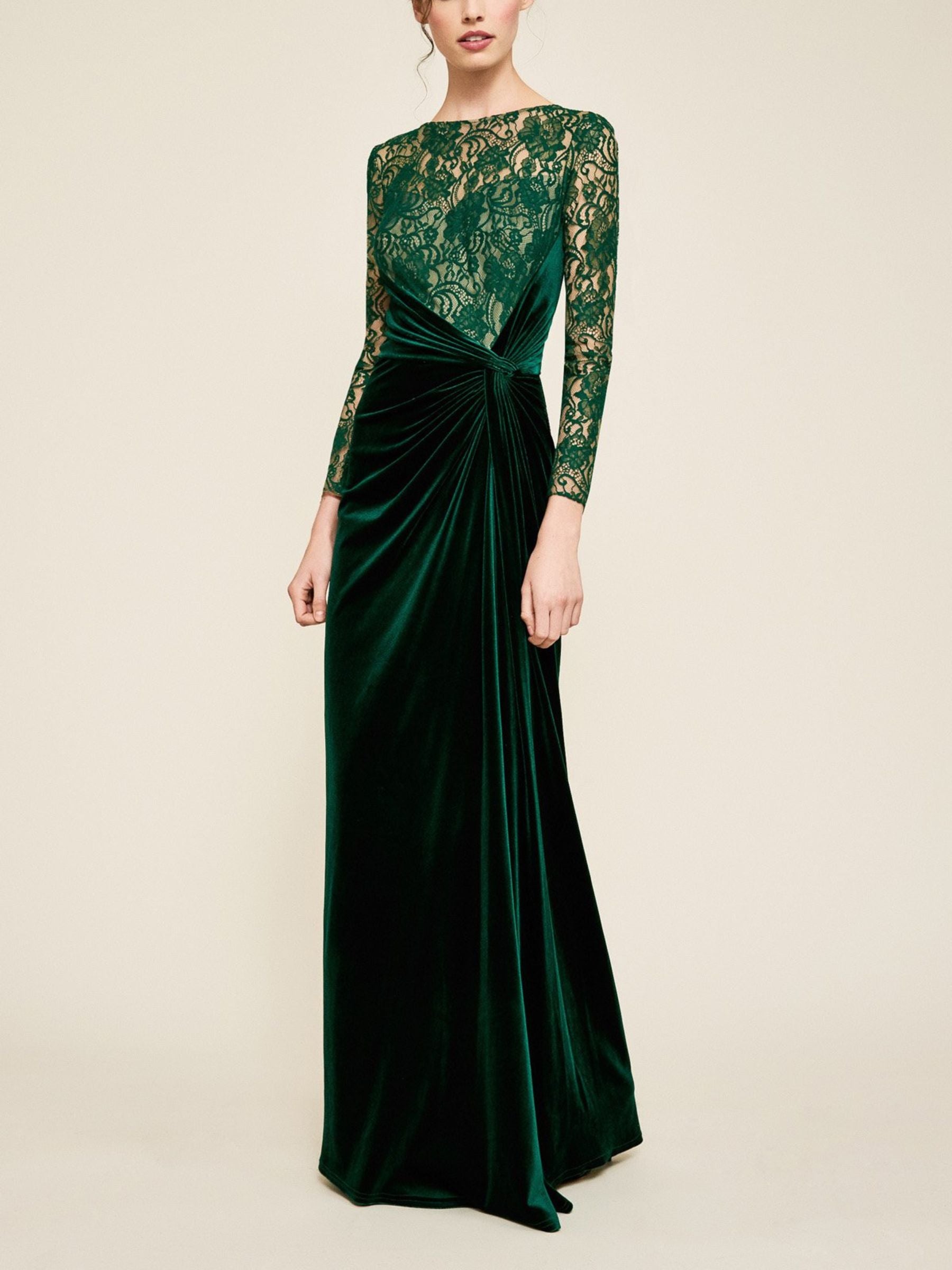 Floor-Length Evening Gown with Lace and Long Sleeves