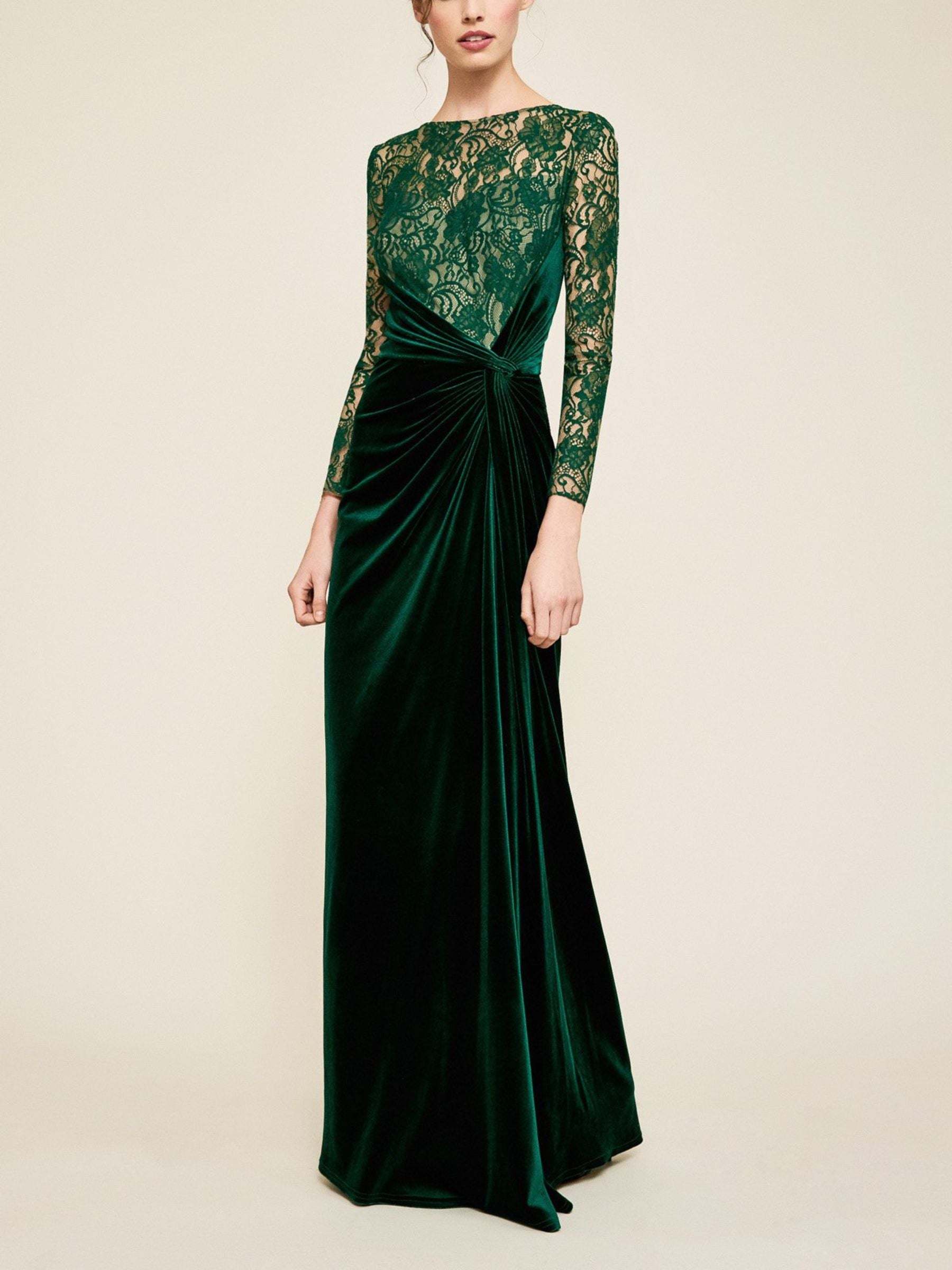 Floor-Length Evening Gown with Lace and Long Sleeves