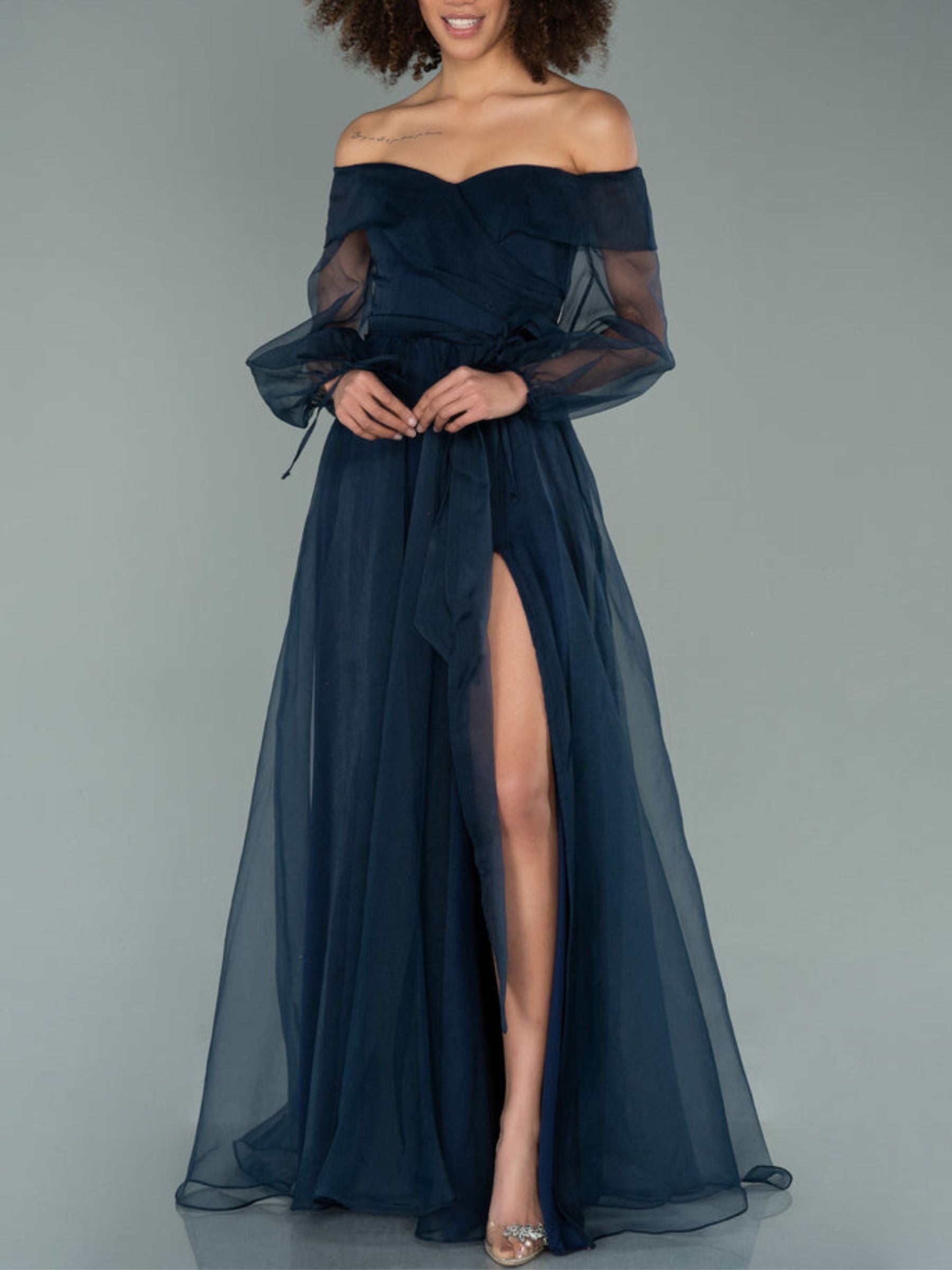 Princess A-Line Off-the-Shoulder Floor-Length Evening Gown with Puff Sleeves and Slit