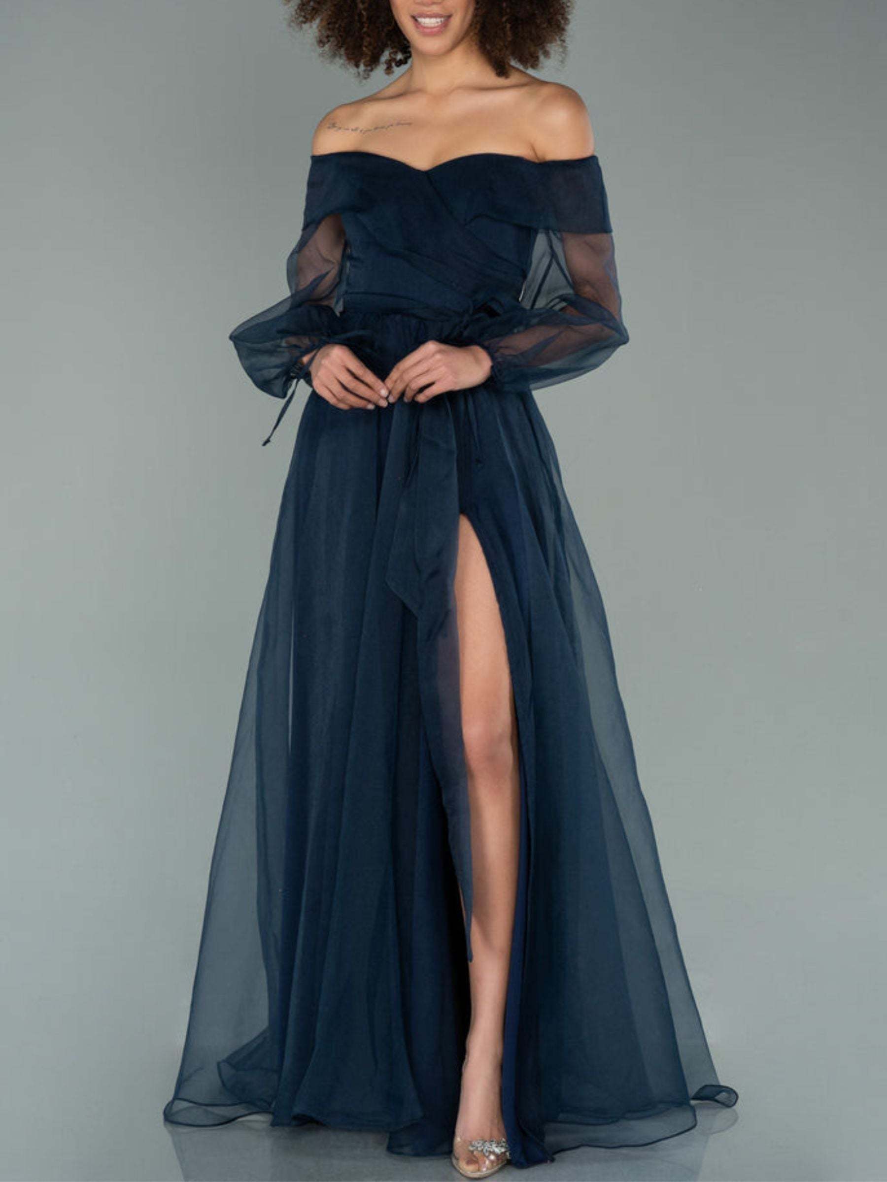 Princess A-Line Off-the-Shoulder Floor-Length Evening Gown with Puff Sleeves and Slit