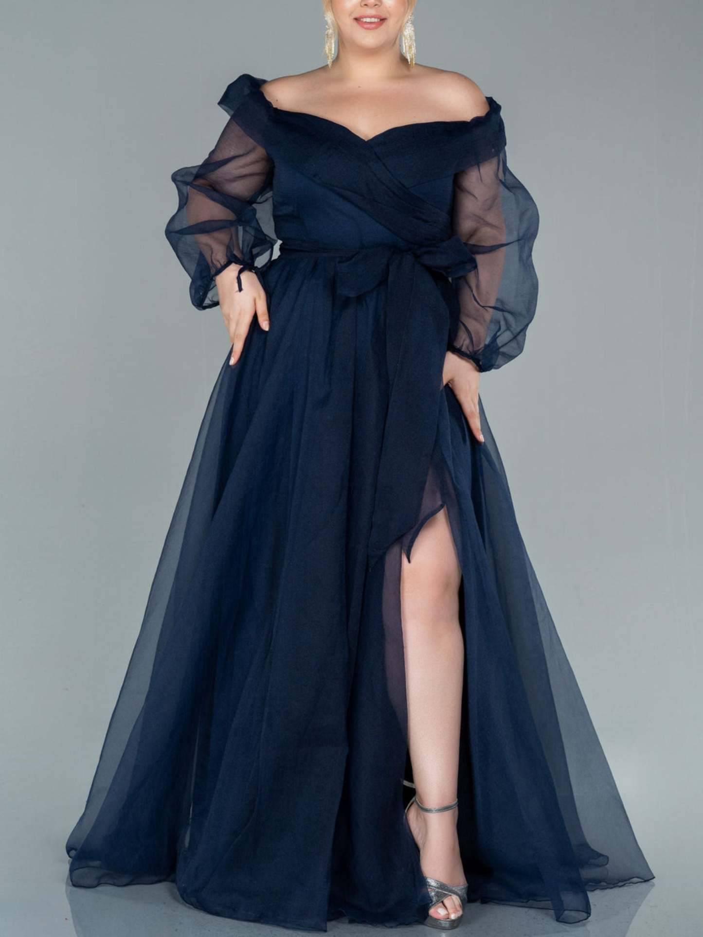 Princess A-Line Off-the-Shoulder Floor-Length Evening Gown with Puff Sleeves and Slit