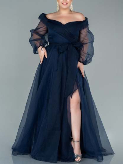 Princess A-Line Off-the-Shoulder Floor-Length Evening Gown with Puff Sleeves and Slit