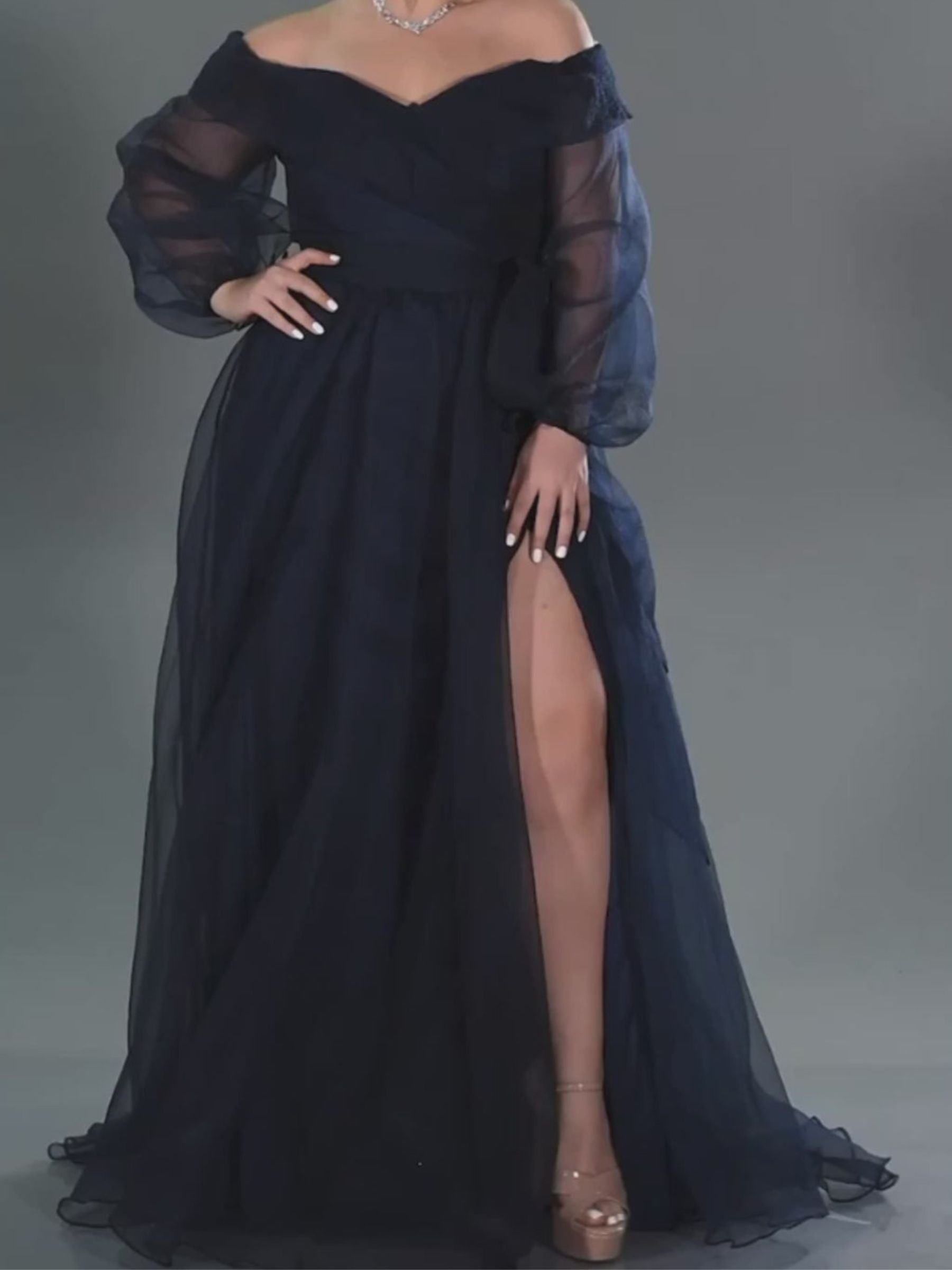 Princess A-Line Off-the-Shoulder Floor-Length Evening Gown with Puff Sleeves and Slit
