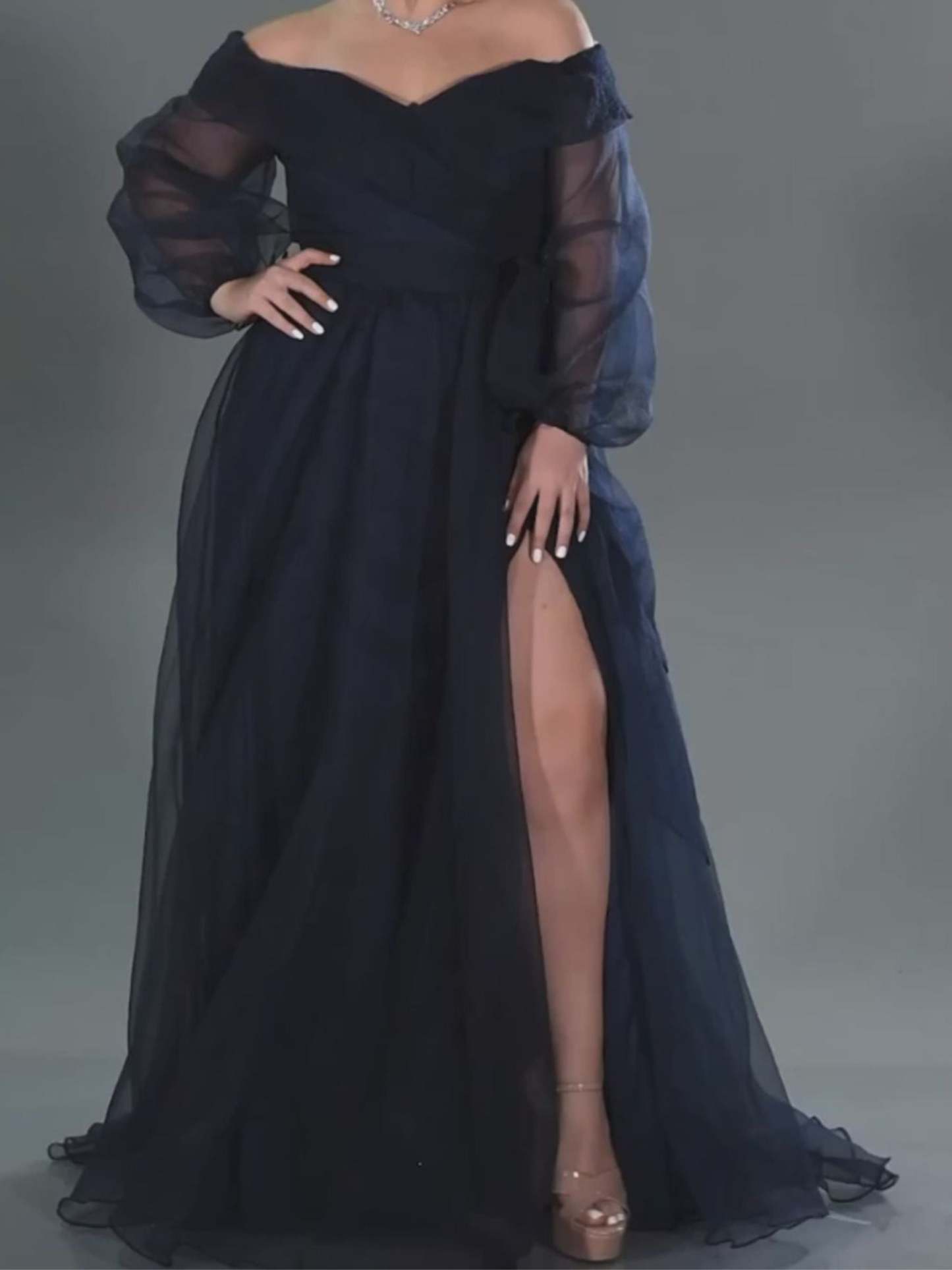 Princess A-Line Off-the-Shoulder Floor-Length Evening Gown with Puff Sleeves and Slit