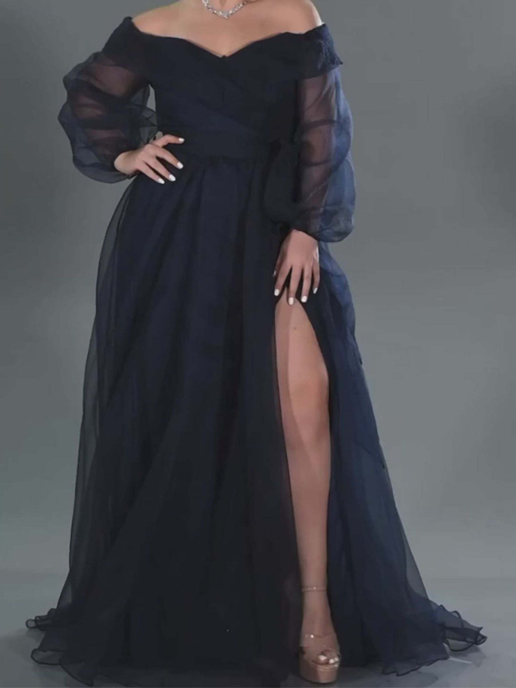 Princess A-Line Off-the-Shoulder Floor-Length Evening Gown with Puff Sleeves and Slit