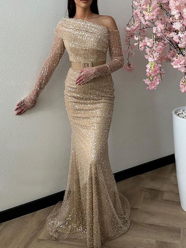 One-shoulder Long Sleeve Floor-Length Sequined Evening Dress with Mermaid/Trumpet Silhouette