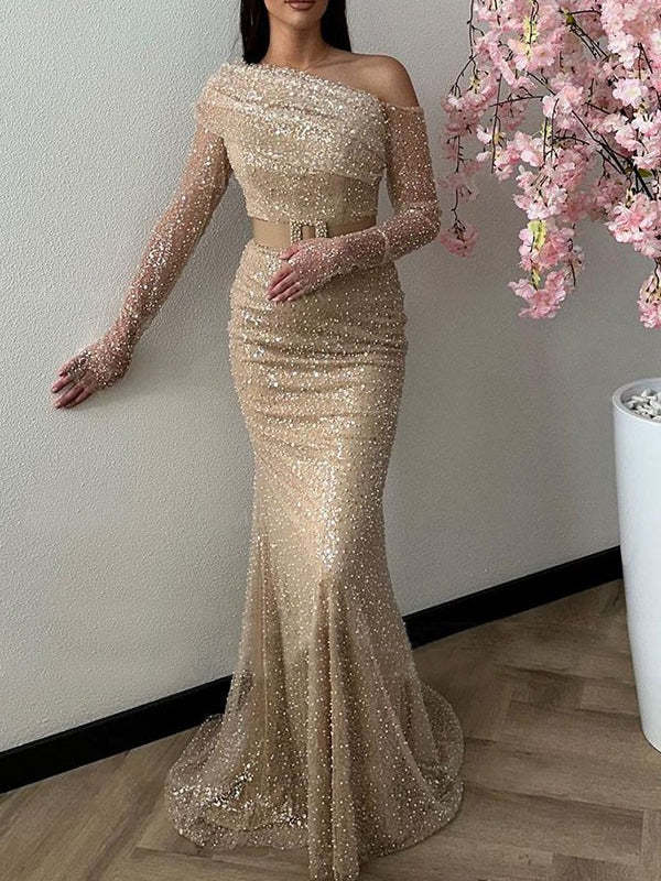 One-shoulder Long Sleeve Floor-Length Sequined Evening Dress with Mermaid/Trumpet Silhouette