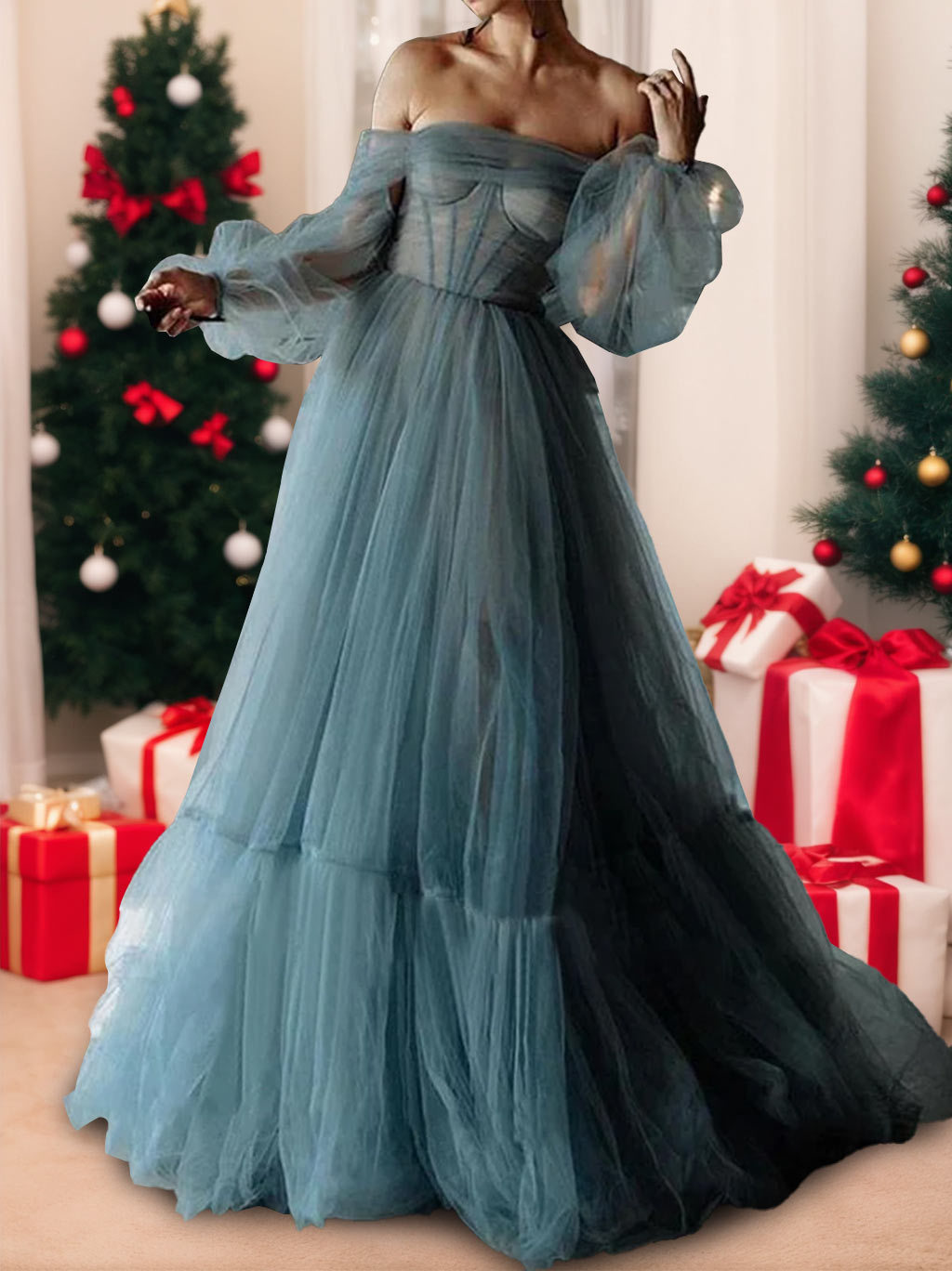 Sweetheart Off-the-Shoulder A-Line Princess Prom Dress in Floor-Length Tulle