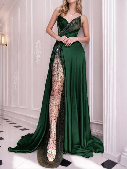 Sweetheart Sleeveless A-Line Princess Evening Dresses with Sequins and a Sweep Train Split