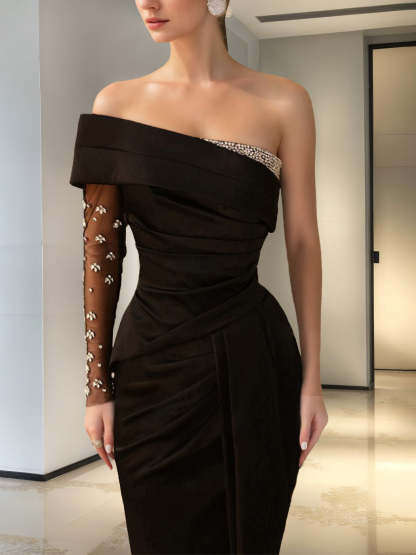 Black One-shoulder Satin Floor-length Sheath Evening Dress with Rhinestones