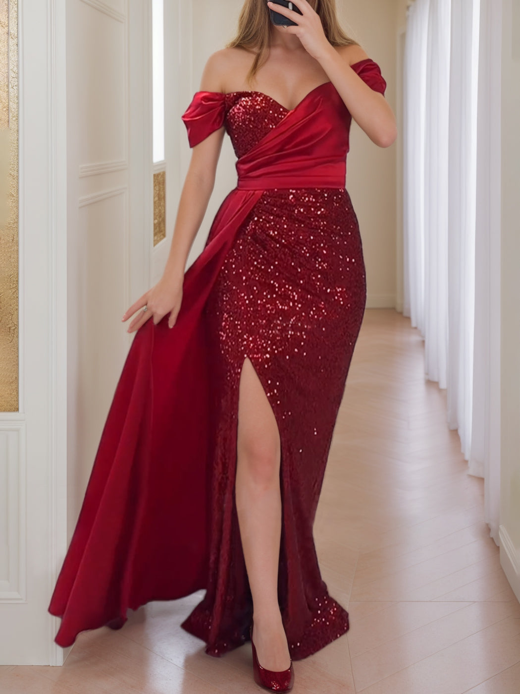 Red Off-the-Shoulder Sequined Evening Gown with High Slit and Sheath Silhouette