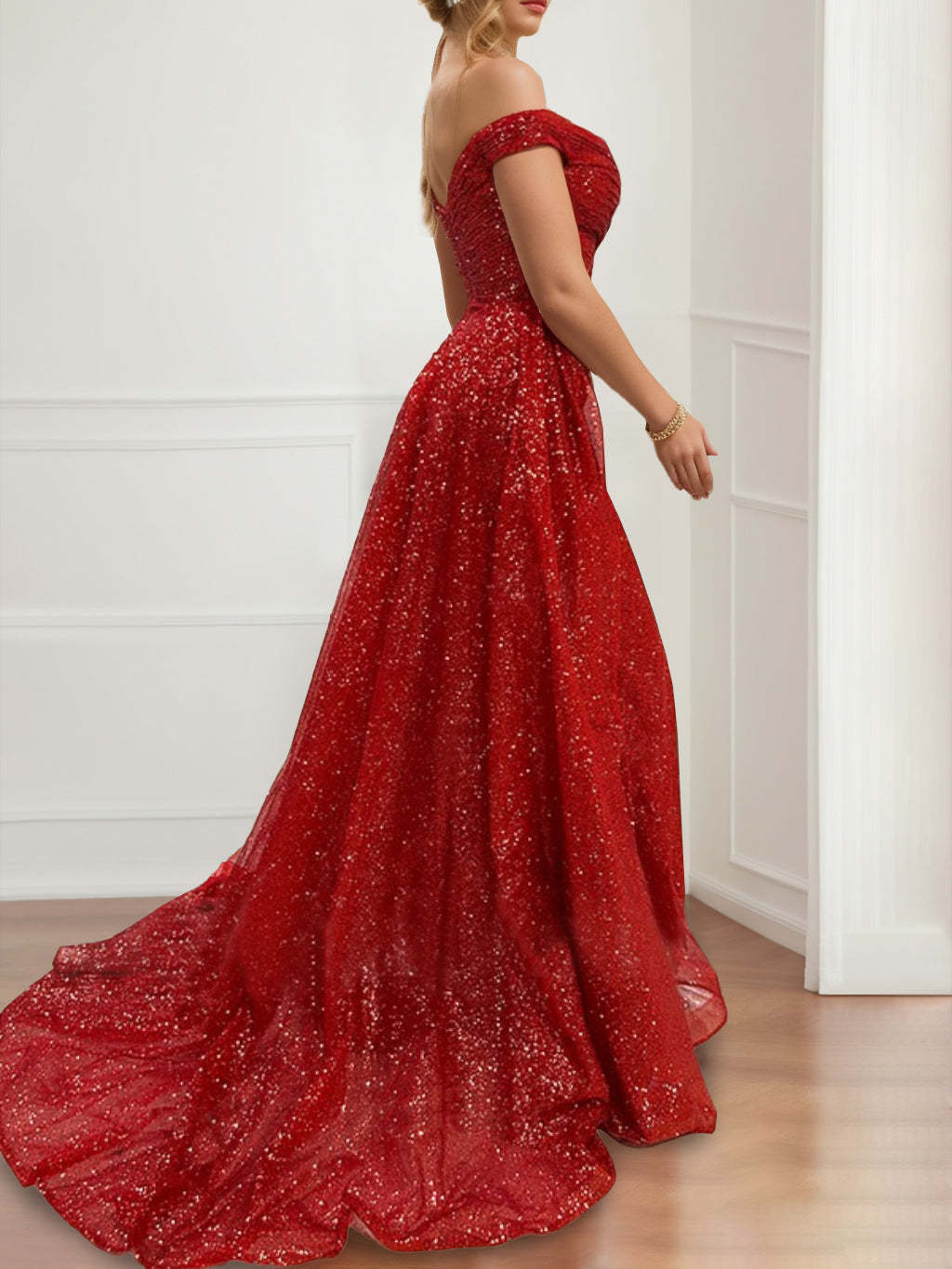 Off-the-Shoulder Short Sleeve Floor-Length Evening Gown with Side Slit
