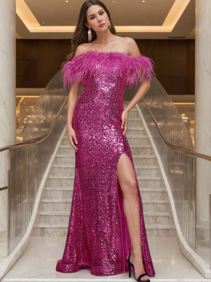 Off-the-shoulder Sleeveless Floor-length Sequined Sheath Dress with Feather Details