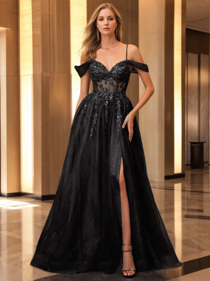 Black Tulle Evening Dress with Off-the-shoulder A-Line/Princess Cut Sleeveless Design Side Split & Sequins-BMbridal.UK