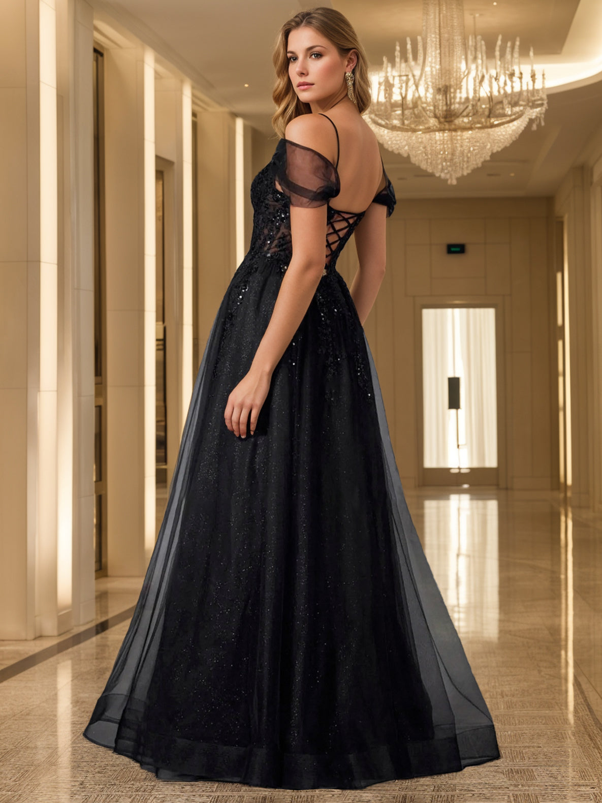 Black Tulle Evening Dress with Off-the-shoulder A-Line/Princess Cut Sleeveless Design Side Split & Sequins-BMbridal.UK