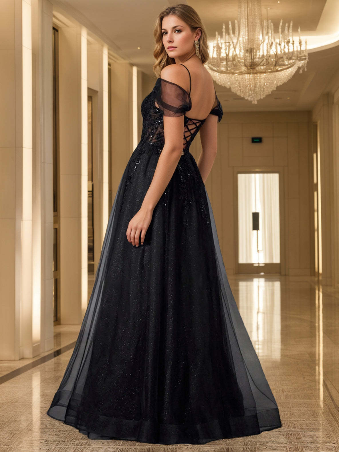 Black Tulle Evening Dress with Off-the-shoulder A-Line/Princess Cut Sleeveless Design Side Split & Sequins-BMbridal.UK