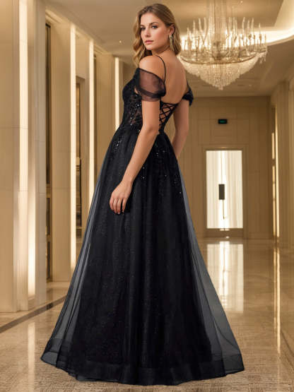 Black Tulle Evening Dress with Off-the-shoulder A-Line/Princess Cut Sleeveless Design Side Split & Sequins-BMbridal.UK