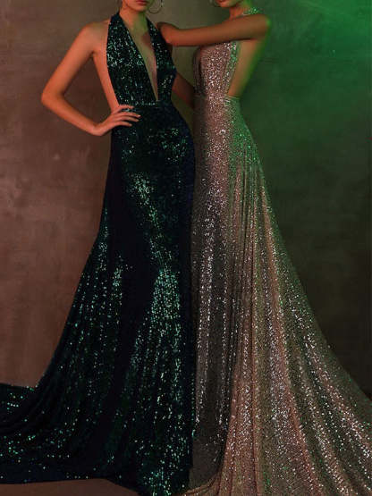 Sleeveless Open-Back Evening Dress with Sheath/Column Design and Sweep Train