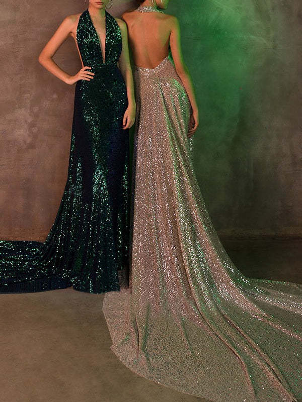 Sleeveless Open-Back Evening Dress with Sheath/Column Design and Sweep Train