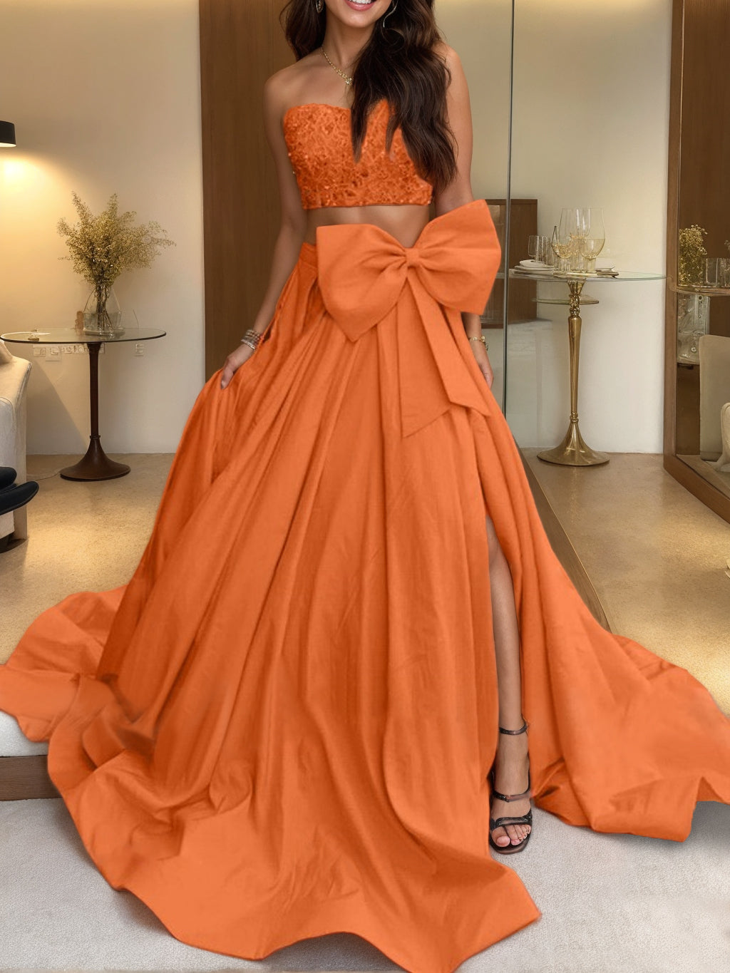 Evening Dress with Bow(s) - Strapless Sleeveless A-Line/Princess Cut and Sweep Train