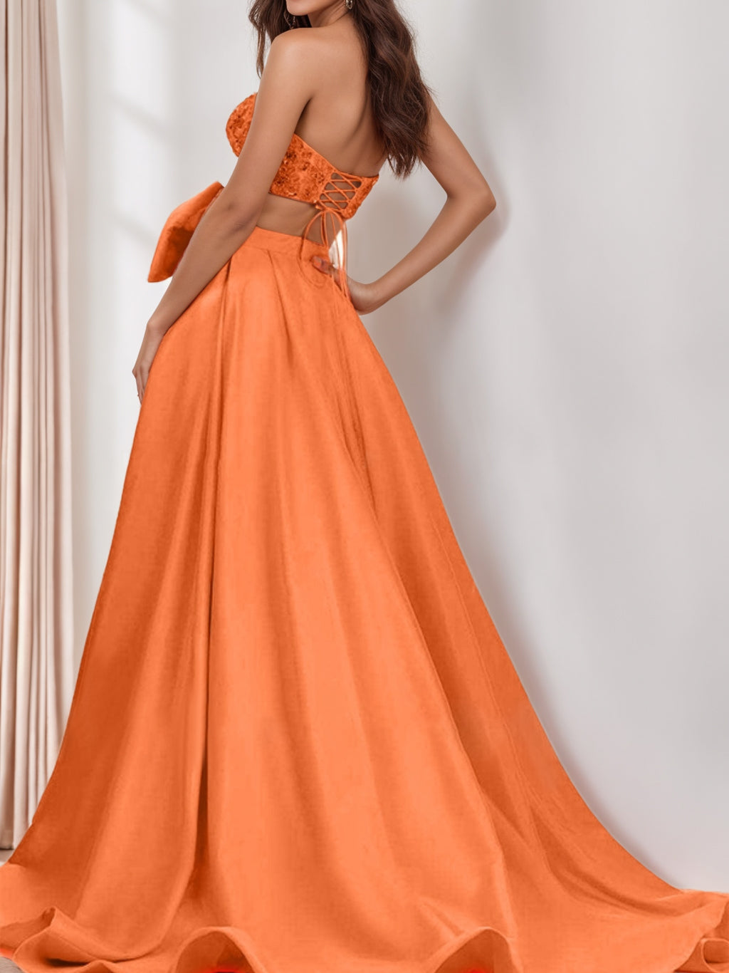 Evening Dress with Bow(s) - Strapless Sleeveless A-Line/Princess Cut and Sweep Train