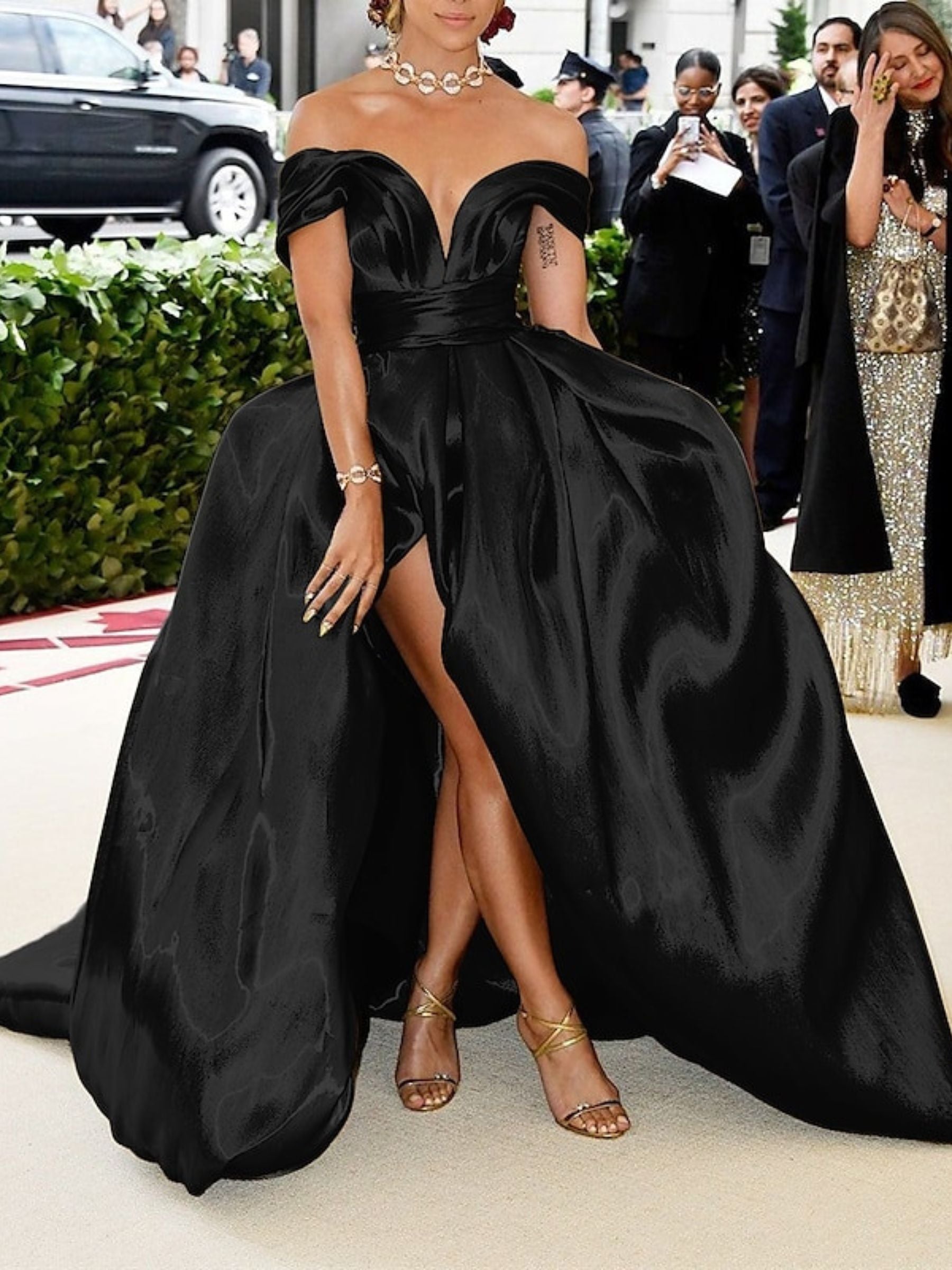 Princess A-Line Off-the-Shoulder Floor-Length Evening Gown with High Slit