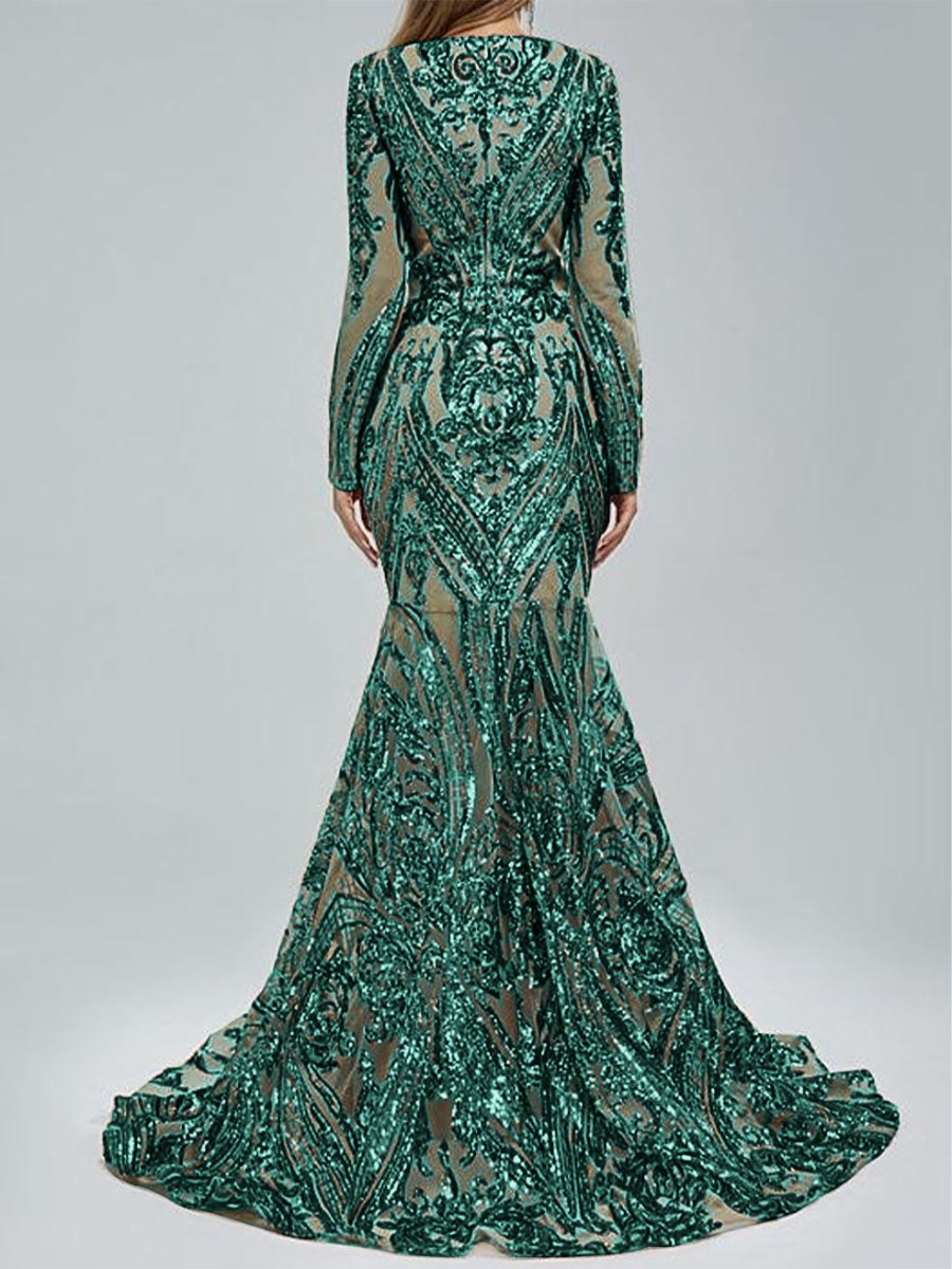 Evening Dresses with Sequin in Trumpet/Mermaid V-Neck Long Sleeves Floor-Length Style