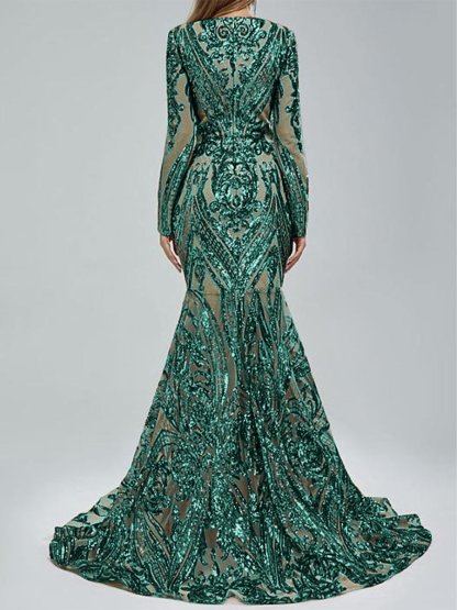 Evening Dresses with Sequin in Trumpet/Mermaid V-Neck Long Sleeves Floor-Length Style
